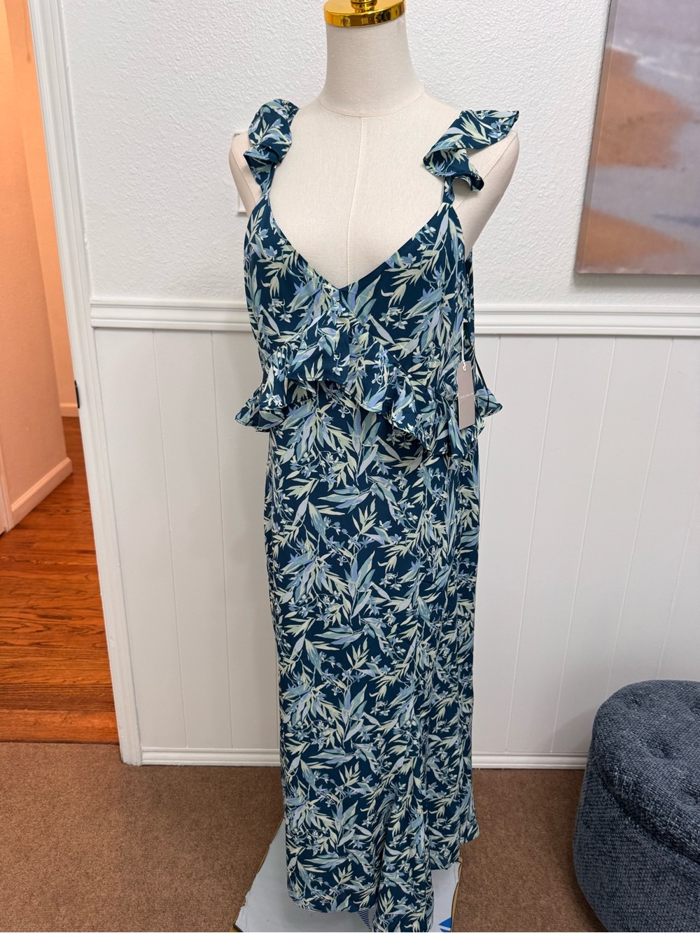 Chelsea28 Teal and Cream Floral Ruffle Maxi Dress